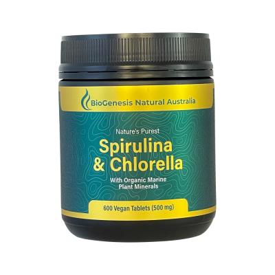 BioGenesis Natural Australia (Travel Friendly) Nature's Purest Spirulina & Chlorella with Organic Marine Plant Minerals 500mg 600t